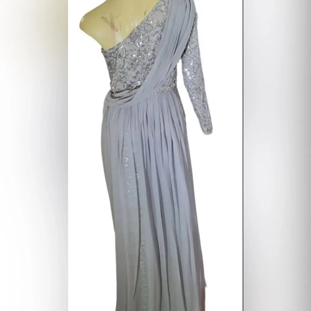 Elegant 80’s Style Silver Sequin One Shoulder Evening Gown Chiffon & Rose M - Picture 7 of 8